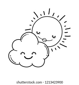 Sun and clouds cartoons in black and white