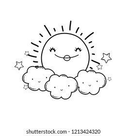 Sun and clouds cartoons in black and white