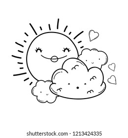 Sun and clouds cartoons in black and white