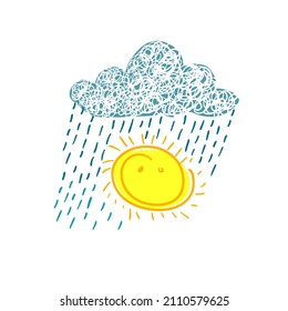 Sun and clouds childish cute drawing. Vector illustration
