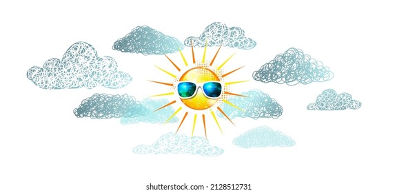 Sun and clouds childish cute drawing. Vector illustration
