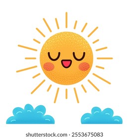 Sun with clouds. Children's illustration. Children's Books. Hand drawn doodle style. Vector illustration. Hand drawn sun and clouds. Kid cute doodle set. Blue clouds. Smiling sun. Nature. Weather.