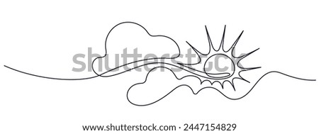 Sun, clouds. Continuous line. Travel concept drawing on white background. Happy holiday, hot temperature, vacation symbol. Vector minimal illustration. Clean energy. Editable stroke