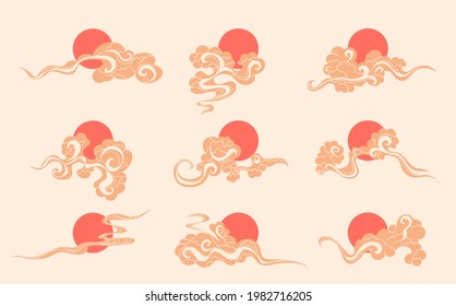 Sun and clouds elements collection . Asian style fog curls isolated set. Different Chinese abstract shapes in cartoon design.