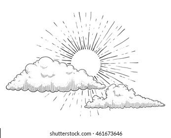 Sun with clouds and clouds engraving vector illustration. Scratch board style imitation. Hand drawn image.