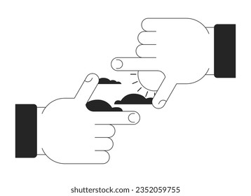 Sun clouds in finger frame bw concept vector spot illustration. Finger focus 2D cartoon flat line monochromatic hands for web UI design. New perspective editable isolated outline hero image