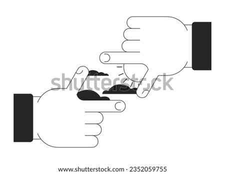 Sun clouds in finger frame bw concept vector spot illustration. Finger focus 2D cartoon flat line monochromatic hands for web UI design. New perspective editable isolated outline hero image
