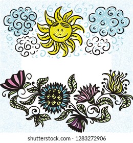 Sun clouds and flowers. Vector illustration
