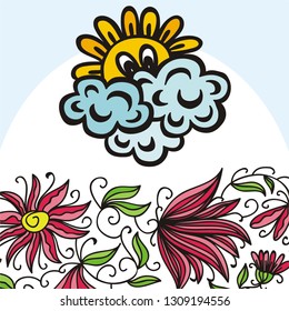 Sun clouds and flowers. Vector illustration