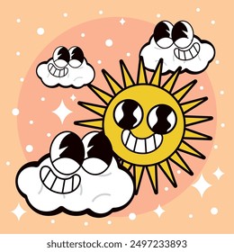 Sol y las nubes groovy personaje de dibujos animados Ilustración vectorial