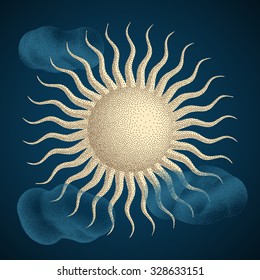 Sun with Clouds. Halftone style. Vintage Hand drawn Vector Illustration.