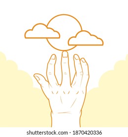 sun, clouds and hand over white and yellow background, sketch style, vector illustration