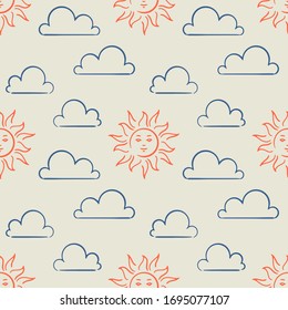 Sun and clouds hand-drawn seamless pattern