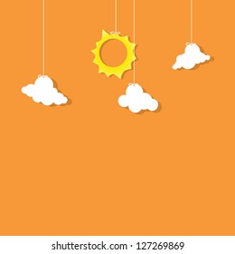 Sun And Clouds Hanging On Threads. Paper Cut Art Clipart