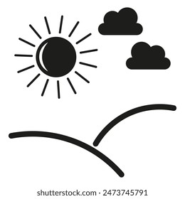 Sol, nubes, colinas icono. Diseño sencillo. Blanco y negro. Ilustración vectorial.