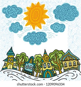 Sun clouds and houses. Vector illustration