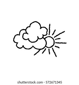 Sun with clouds icon. Doodle line art weather sign illustration