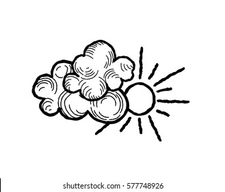 Sun with clouds icon. Doodle line art weather sign illustration