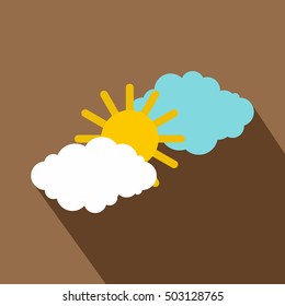 Sun and clouds icon. Flat illustration of sun and clouds vector icon for web isolated on coffee background