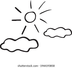 sun and clouds icon. hand drawn doodle style. vector, minimalism, monochrome, sketch. sky, weather simple naive childish