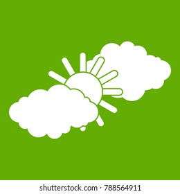 Sun and clouds icon white isolated on green background. Vector illustration