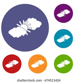 Sun and clouds icons set in flat circle reb, blue and green color for web