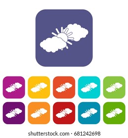 Sun and clouds icons set vector illustration in flat style in colors red, blue, green, and other