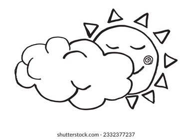 Sun and clouds illustration image. 
Hand drawn image artwork of a sun and clouds. 
Simple cute original logo.
Hand drawn vector illustration for posters, cards, t-shirts.