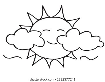 Imagen de ilustración de sol y nubes. 
Dibujo manual de imágenes de un sol y nubes. 
Simple y lindo logo original.
Ilustración vectorial dibujada a mano para afiches, tarjetas, camisetas.