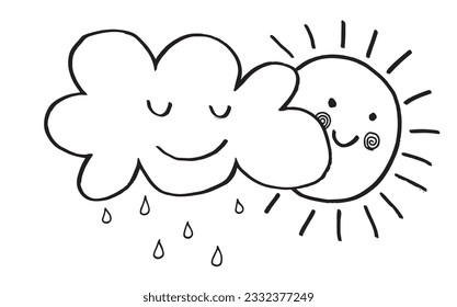 Imagen de ilustración de sol y nubes. 
Dibujo manual de imágenes de un sol y nubes. 
Simple y lindo logo original.
Ilustración vectorial dibujada a mano para afiches, tarjetas, camisetas.