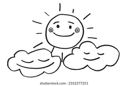 Sun and clouds illustration image. 
Hand drawn image artwork of a sun and clouds. 
Simple cute original logo.
Hand drawn vector illustration for posters, cards, t-shirts.