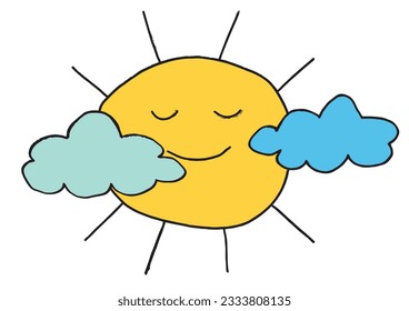 Sun and clouds illustration image. 
Hand drawn image artwork of a sun and clouds. 
Simple cute original logo.
Hand drawn vector illustration for posters, cards, t-shirts.