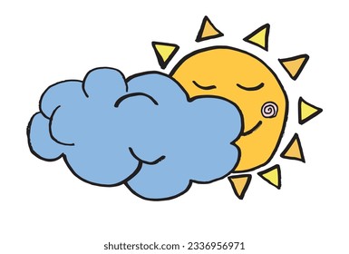 Bild von Sonne und Wolken. 
Handgezeichnete Bilder einer Sonne und Wolken. 
Einfaches, niedliches Originallogo.
Handgezeichnete Vektorgrafik für Poster, Karten, T-Shirts.