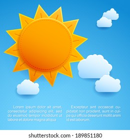Sun clouds illustration for summer poster. Hot summer background. Vector sun with clean white clouds  