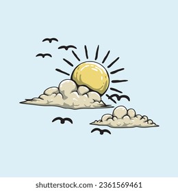 sun and clouds illustration vintage style