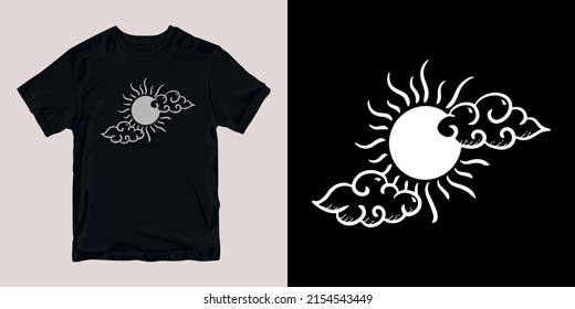 sol y nubes minimalista camiseta de dibujo elegante y diseño de camisetas de moda imprimible. impresión, productos industriales. muestra global.