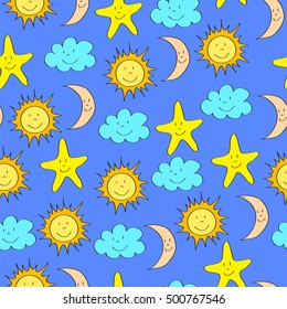 Sun, clouds, moon, stars. Children's pattern. Seamless background. Vector illustration.