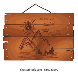 Sun and clouds in the mountains with trees on a wooden plank background. Dawn in the mountains. Travel in the mountains.