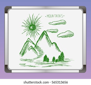 Sun and clouds in the mountains with trees on a flip chart background. Dawn in the mountains. Travel in the mountains.