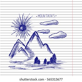 Sun and clouds in the mountains with trees on a copybook background. Dawn in the mountains. Travel in the mountains.