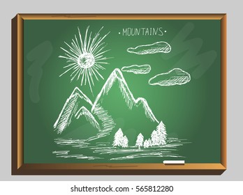 Sun and clouds in the mountains with trees on a chalkboard background. Dawn in the mountains. Travel in the mountains.