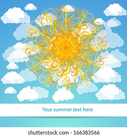 sun and clouds on blue sky. background with your text for your design
