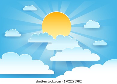 Sun with clouds on Blue sky background drawn in Paper art style. Vector illustration