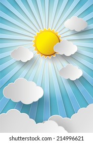 sun with clouds on blue sky. paper art style.