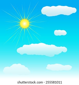 Sun and clouds on blue sky. Vector illustration