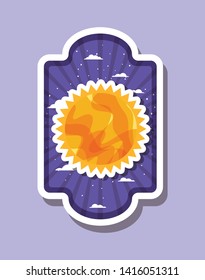 Sun and clouds over label background  vector illustration