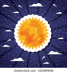 Sun and clouds over striped background  vector illustration