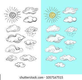Sun, clouds, rain - doodle collection, isolated set. Hand Weather symbols on white background for covers, diaries, wrappers. Drawn on white, blue backgrounds for printing on paper, cloth, in books. 