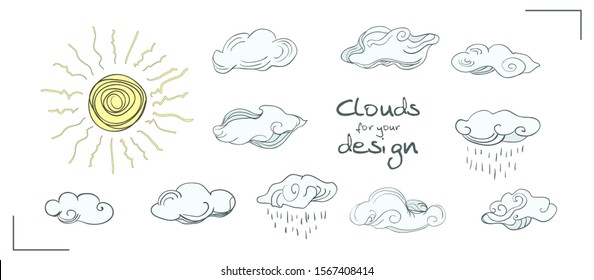 Sun, clouds, rain - doodle collection, isolated set.  