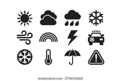 Sun, clouds, rain, snow, wind, rainbow, lightning, thermometer, umbrella, snowflake, car, warning sign icons.
